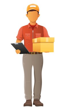teslim genç adam kurye servis vektör illüstrasyon beyaz arka planda izole