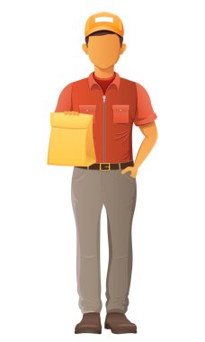 teslim genç adam kurye servis vektör illüstrasyon beyaz arka planda izole
