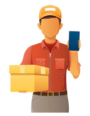 teslim genç adam kurye servis vektör illüstrasyon beyaz arka planda izole