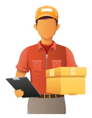 teslim genç adam kurye servis vektör illüstrasyon beyaz arka planda izole