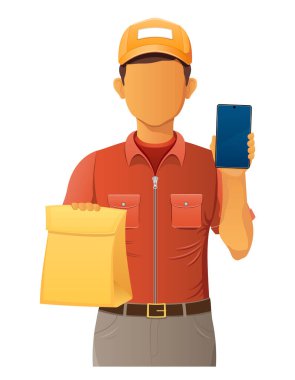 teslim genç adam kurye servis vektör illüstrasyon beyaz arka planda izole