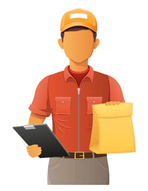 teslim genç adam kurye servis vektör illüstrasyon beyaz arka planda izole