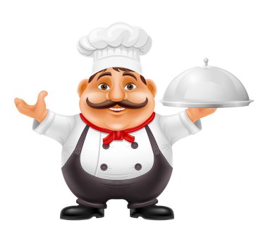 Şef adam mutfak vektör illüstrasyonunda yemek ve yemek hazırlıyor beyaz arka planda izole edilmiş.