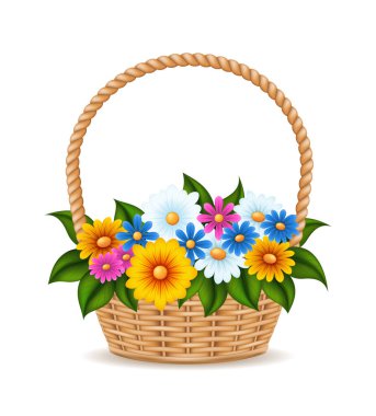 Çiçek vektör illüstrasyonlu hasır sepet beyaz arkaplanda izole