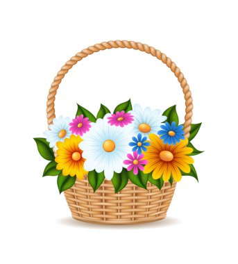 Çiçek vektör illüstrasyonlu hasır sepet beyaz arkaplanda izole