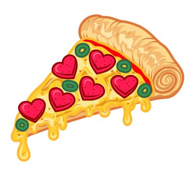 Sosisli, domatesli, zeytinli, mantarlı ve peynirli pizza dilimleri beyaz arka planda izole edilmiş.