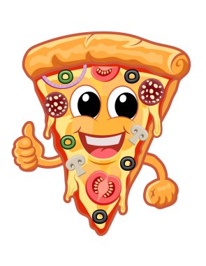 Sosisli, domatesli, zeytinli, mantarlı ve peynirli pizza dilimleri beyaz arka planda izole edilmiş.