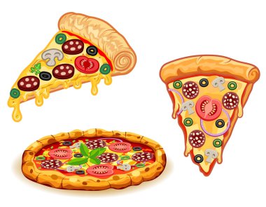 Sosisli, domatesli, zeytinli, mantarlı ve peynirli taze pizza. Beyaz arka planda izole edilmiş.