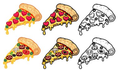 Sosisli, domatesli, zeytinli, mantarlı ve peynirli pizza dilimleri beyaz arka planda izole edilmiş.