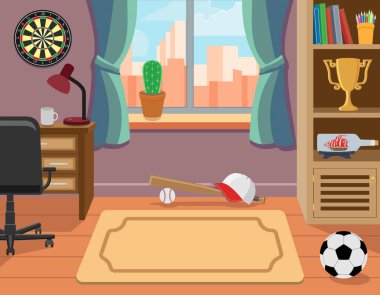 Oyuncak, kitap, dart tahtası, futbol topu ve diğer spor aletleri illüstrasyonlarıyla dolu rahat çocuk odası.