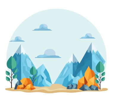Serin bir ortamda çevreleyen karla kaplı dağlar, yüksek tepeler, dağınık bulutlar ve bitkisel vektör çizimlerini betimlemiştir.