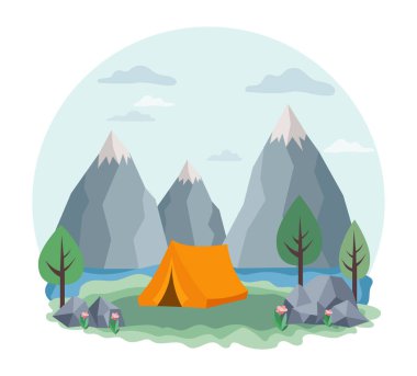 Serin bir ortamda çevreleyen karla kaplı dağlar, yüksek tepeler, dağınık bulutlar ve bitkisel vektör çizimlerini betimlemiştir.