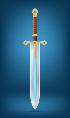 Mücevher taşlarıyla süslenmiş altın bir kabzayla süslü dekoratif bir kılıcın ayrıntılı vektör çizimi ve eğimli bir arka plan, fantezi temalar için mükemmel.