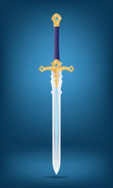 Mücevher taşlarıyla süslenmiş altın bir kabzayla süslü dekoratif bir kılıcın ayrıntılı vektör çizimi ve eğimli bir arka plan, fantezi temalar için mükemmel.