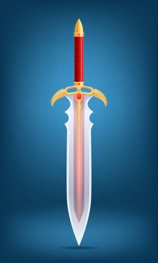 Mücevher taşlarıyla süslenmiş altın bir kabzayla süslü dekoratif bir kılıcın ayrıntılı vektör çizimi ve eğimli bir arka plan, fantezi temalar için mükemmel.