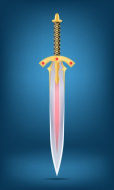 Mücevher taşlarıyla süslenmiş altın bir kabzayla süslü dekoratif bir kılıcın ayrıntılı vektör çizimi ve eğimli bir arka plan, fantezi temalar için mükemmel.