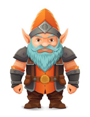 parlak mavi sakallı, zırhlı, turuncu şapkalı bir çizgi film karakteri kararlı bir ifadeyle ayakta duruyor tasarım renkli bir vektör illüstrasyonudur ve fantezi temalarını vurgular.