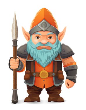 parlak mavi sakallı, zırhlı, turuncu şapkalı bir çizgi film karakteri kararlı bir ifadeyle ayakta duruyor tasarım renkli bir vektör illüstrasyonudur ve fantezi temalarını vurgular.