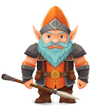 parlak mavi sakallı, zırhlı, turuncu şapkalı bir çizgi film karakteri kararlı bir ifadeyle ayakta duruyor tasarım renkli bir vektör illüstrasyonudur ve fantezi temalarını vurgular.