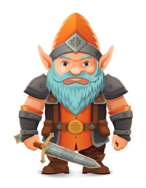 parlak mavi sakallı, zırhlı, turuncu şapkalı bir çizgi film karakteri kararlı bir ifadeyle ayakta duruyor tasarım renkli bir vektör illüstrasyonudur ve fantezi temalarını vurgular.