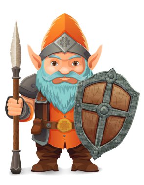 parlak mavi sakallı, zırhlı, turuncu şapkalı bir çizgi film karakteri kararlı bir ifadeyle ayakta duruyor tasarım renkli bir vektör illüstrasyonudur ve fantezi temalarını vurgular.