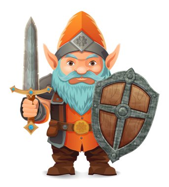 parlak mavi sakallı, zırhlı, turuncu şapkalı bir çizgi film karakteri kararlı bir ifadeyle ayakta duruyor tasarım renkli bir vektör illüstrasyonudur ve fantezi temalarını vurgular.