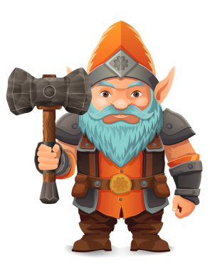 parlak mavi sakallı, zırhlı, turuncu şapkalı bir çizgi film karakteri kararlı bir ifadeyle ayakta duruyor tasarım renkli bir vektör illüstrasyonudur ve fantezi temalarını vurgular.