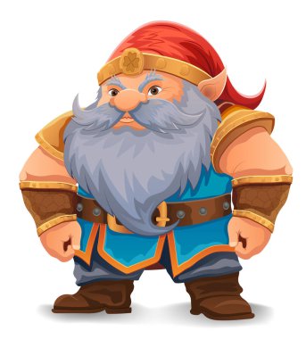 parlak mavi sakallı, zırhlı, turuncu şapkalı bir çizgi film karakteri kararlı bir ifadeyle ayakta duruyor tasarım renkli bir vektör illüstrasyonudur ve fantezi temalarını vurgular.