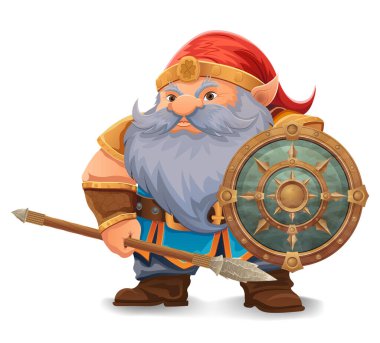 parlak mavi sakallı, zırhlı, turuncu şapkalı bir çizgi film karakteri kararlı bir ifadeyle ayakta duruyor tasarım renkli bir vektör illüstrasyonudur ve fantezi temalarını vurgular.