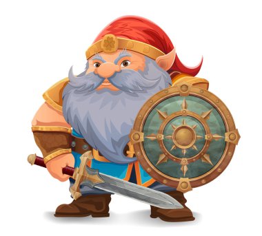 parlak mavi sakallı, zırhlı, turuncu şapkalı bir çizgi film karakteri kararlı bir ifadeyle ayakta duruyor tasarım renkli bir vektör illüstrasyonudur ve fantezi temalarını vurgular.