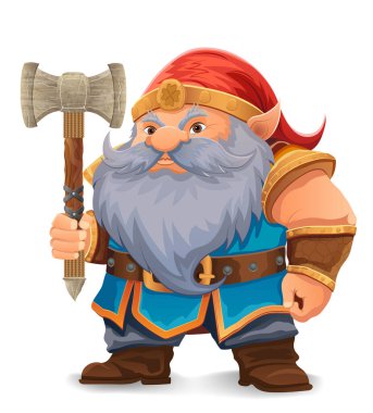 parlak mavi sakallı, zırhlı, turuncu şapkalı bir çizgi film karakteri kararlı bir ifadeyle ayakta duruyor tasarım renkli bir vektör illüstrasyonudur ve fantezi temalarını vurgular.