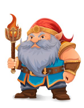 parlak mavi sakallı, zırhlı, turuncu şapkalı bir çizgi film karakteri kararlı bir ifadeyle ayakta duruyor tasarım renkli bir vektör illüstrasyonudur ve fantezi temalarını vurgular.