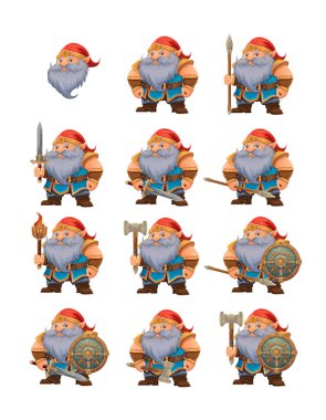 parlak mavi sakallı, zırhlı, turuncu şapkalı bir çizgi film karakteri kararlı bir ifadeyle ayakta duruyor tasarım renkli bir vektör illüstrasyonudur ve fantezi temalarını vurgular.