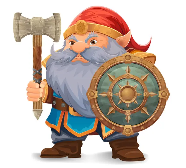 parlak mavi sakallı, zırhlı, turuncu şapkalı bir çizgi film karakteri kararlı bir ifadeyle ayakta duruyor tasarım renkli bir vektör illüstrasyonudur ve fantezi temalarını vurgular.