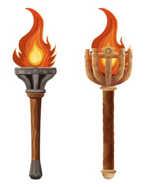 Fantezi ve antik meşalenin beyaz arka planda izole edilmiş ayrıntılı vektör çizimi