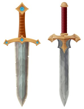 Fantezi ve beyaz arka planda izole edilmiş antik silah kılıcını gösteren ayrıntılı vektör çizimi