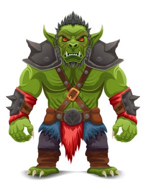 Tehditkar ve korkutucu yeşil goblin troll ork beyaz arka planda izole edilmiş savaş pozu veren bir çizgi film vektör illüstrasyonunda duruyor.