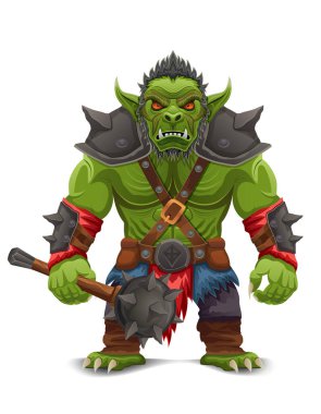 Tehditkar ve korkutucu yeşil goblin troll ork beyaz arka planda izole edilmiş savaş pozu veren bir çizgi film vektör illüstrasyonunda duruyor.