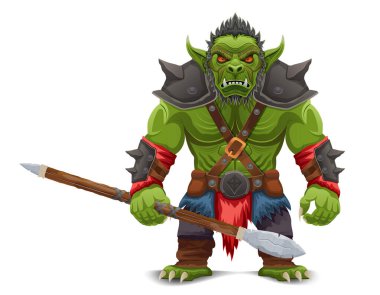 Tehditkar ve korkutucu yeşil goblin troll ork beyaz arka planda izole edilmiş savaş pozu veren bir çizgi film vektör illüstrasyonunda duruyor.