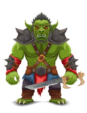 Tehditkar ve korkutucu yeşil goblin troll ork beyaz arka planda izole edilmiş savaş pozu veren bir çizgi film vektör illüstrasyonunda duruyor.