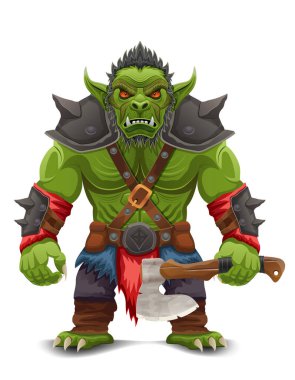 Tehditkar ve korkutucu yeşil goblin troll ork beyaz arka planda izole edilmiş savaş pozu veren bir çizgi film vektör illüstrasyonunda duruyor.