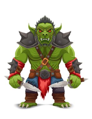 Tehditkar ve korkutucu yeşil goblin troll ork beyaz arka planda izole edilmiş savaş pozu veren bir çizgi film vektör illüstrasyonunda duruyor.