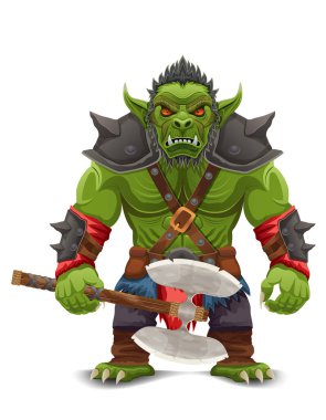 Tehditkar ve korkutucu yeşil goblin troll ork beyaz arka planda izole edilmiş savaş pozu veren bir çizgi film vektör illüstrasyonunda duruyor.