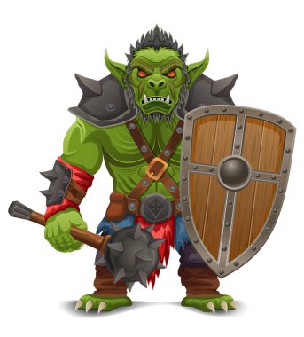 Tehditkar ve korkutucu yeşil goblin troll ork beyaz arka planda izole edilmiş savaş pozu veren bir çizgi film vektör illüstrasyonunda duruyor.