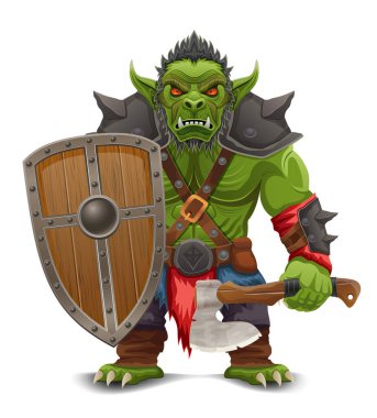 Tehditkar ve korkutucu yeşil goblin troll ork beyaz arka planda izole edilmiş savaş pozu veren bir çizgi film vektör illüstrasyonunda duruyor.