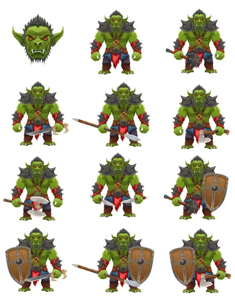 Tehditkar ve korkutucu yeşil goblin troll ork beyaz arka planda izole edilmiş savaş pozu veren bir çizgi film vektör illüstrasyonunda duruyor.