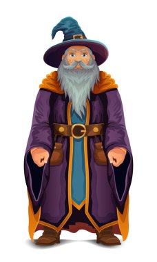 Beyaz arka planda izole edilmiş şapka ve pelerin çizim vektör resimli yaşlı adam.