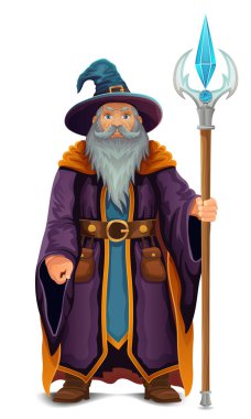 Beyaz arka planda izole edilmiş şapka ve pelerin çizim vektör resimli yaşlı adam.