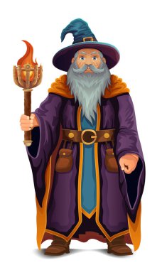 Beyaz arka planda izole edilmiş şapka ve pelerin çizim vektör resimli yaşlı adam.