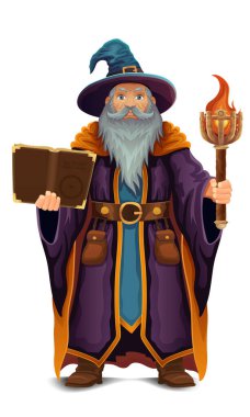 Beyaz arka planda izole edilmiş şapka ve pelerin çizim vektör resimli yaşlı adam.